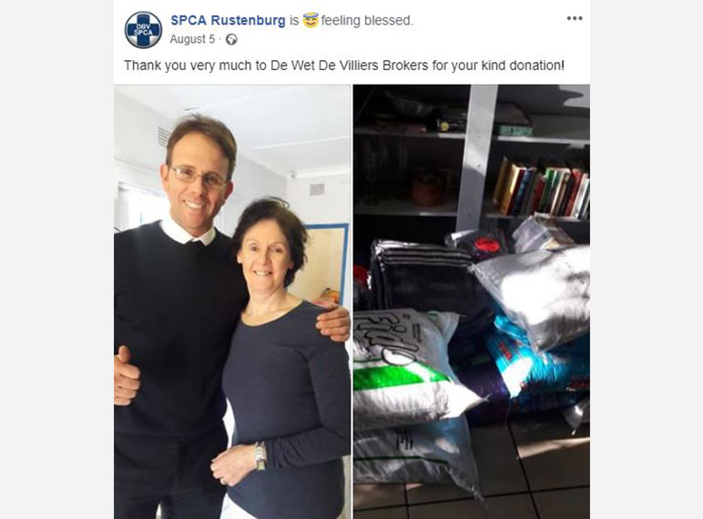 Clients and Employees of De Wet De Villiers Brokers supports SPCA